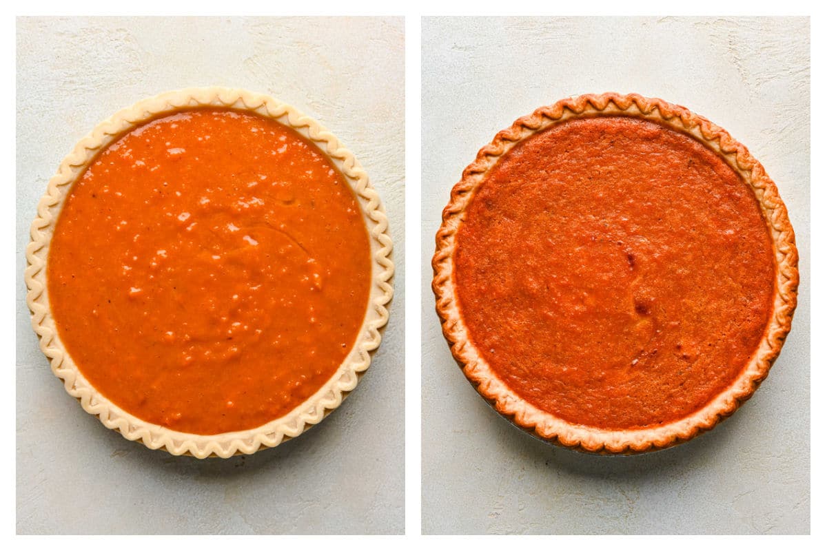 Unbaked and baked sweet potato pies next to each other. 