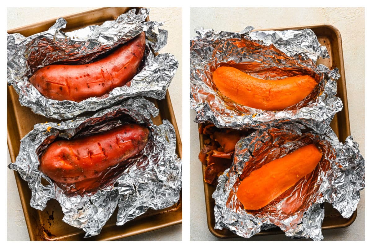 Sweet potatoes in foil next to peeled roasted sweet potatoes.