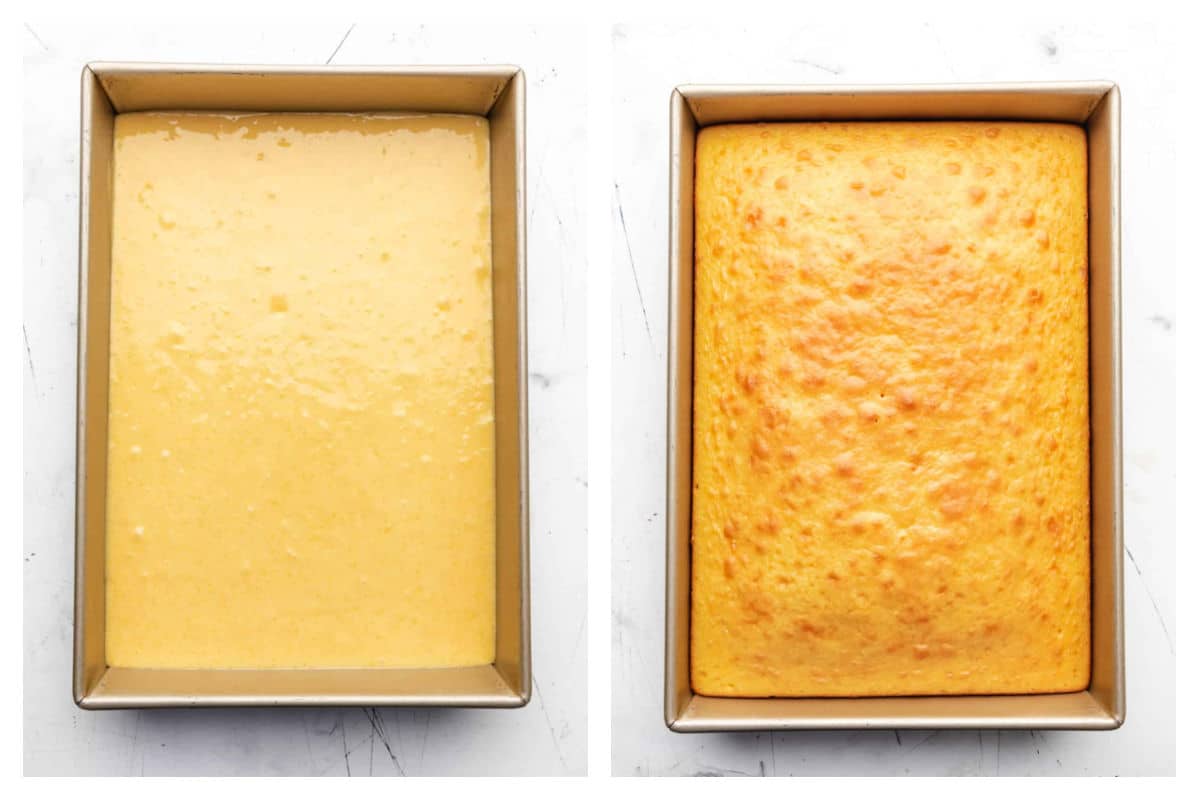 Sweet cornbread batter in a baking pan next to the baked cornbread in a pan.