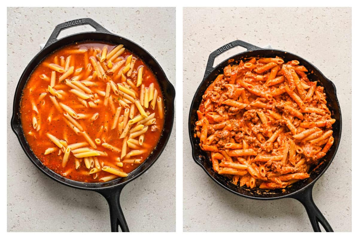 Ziti and water added to skillet of meat sauce next to the cooked ziti in the skillet.
