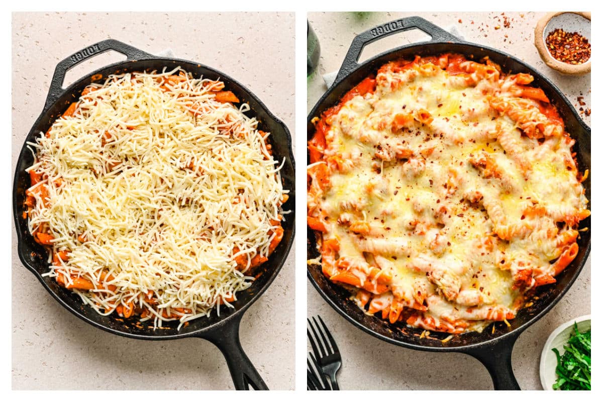 Shredded cheese over ziti in a skillet next to the cheese melted on top.