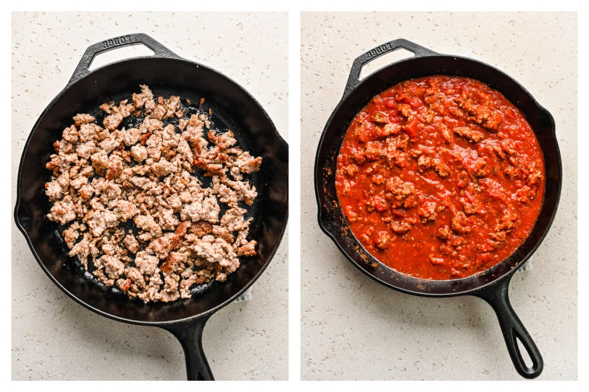 Browned Italian sausage in a pan next to tomato sauce poured in.