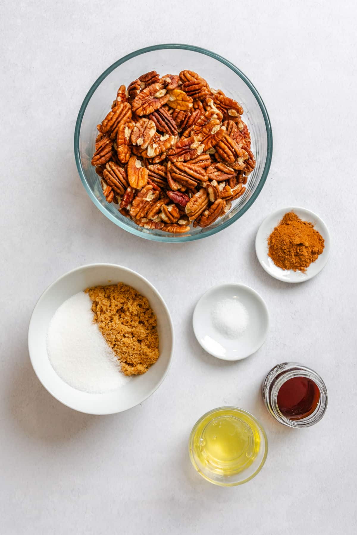 Ingredients for candied pecans in dishes.
