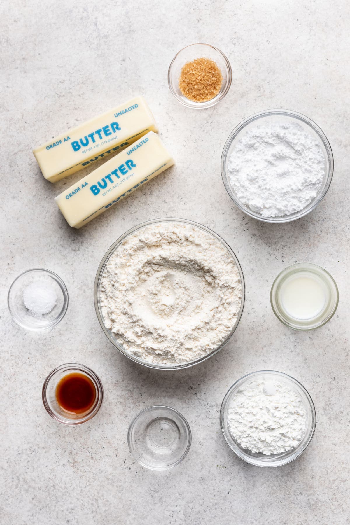 Ingredients for Danish butter cookies in dishes.