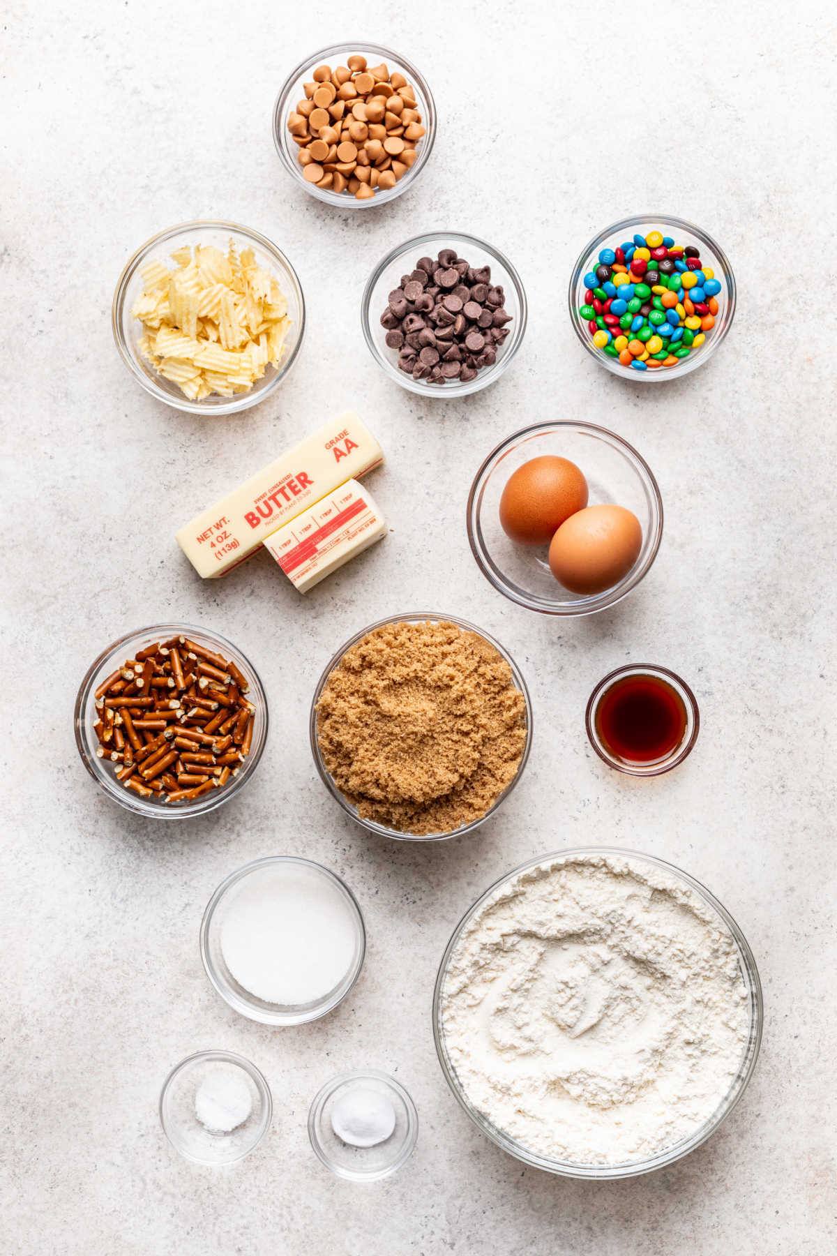 Ingredients for kitchen sink cookies in dishes.