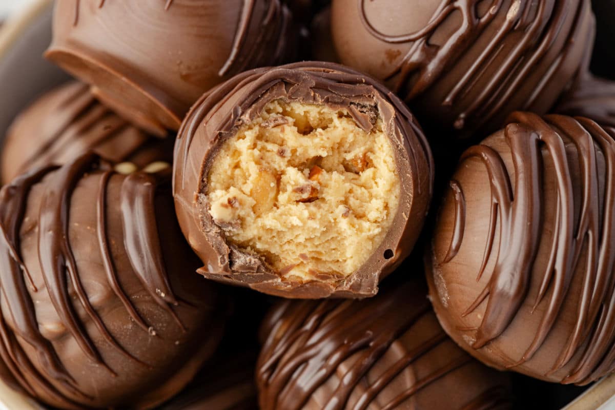 A peanut butter ball with a bite missing.