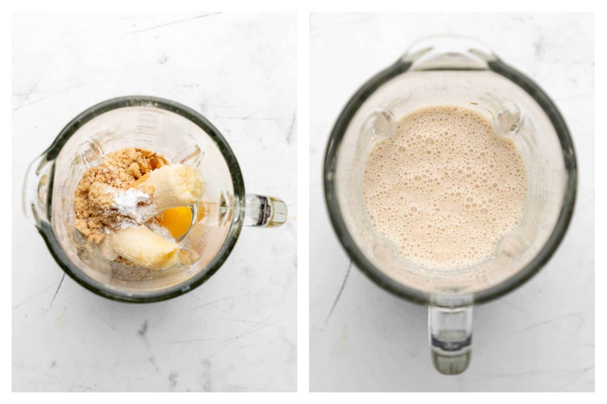 Ingredients for blended baked oats in a blended next to the mixture blended.