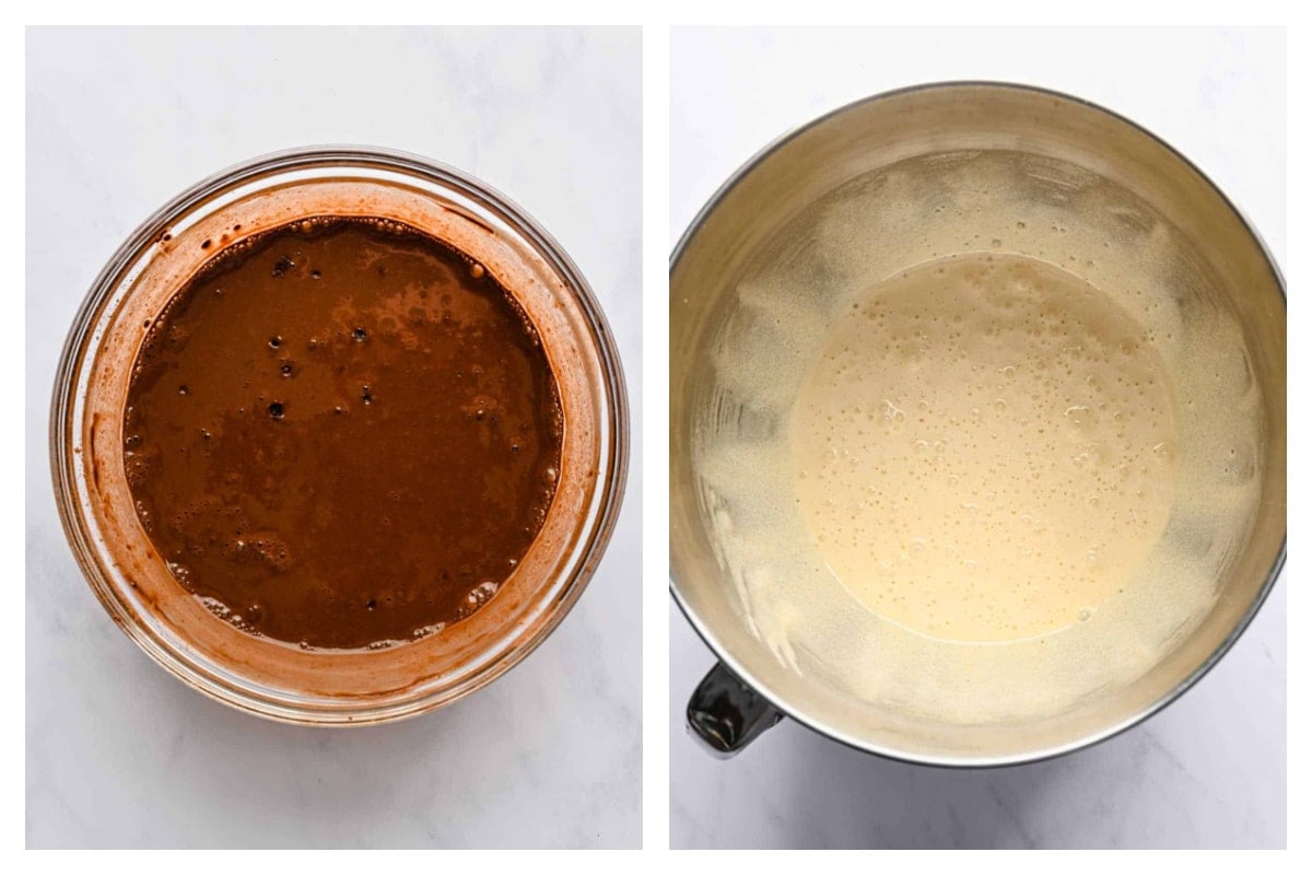 Hot water and cocoa powder in a bowl next to beaten egg and sugar. 