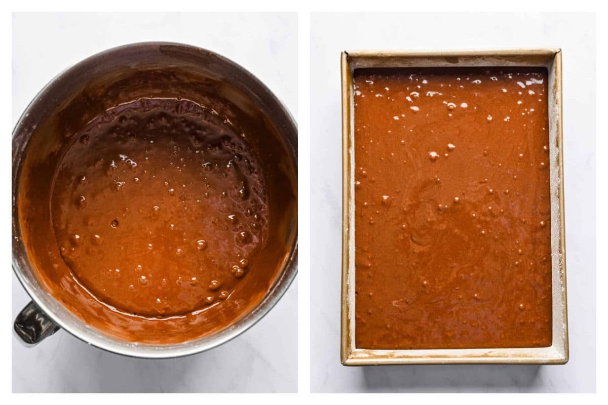 Chocolate mayonnaise cake batter in a bowl next to the batter in a baking pan.