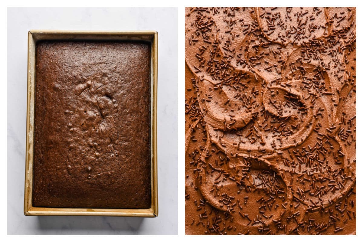 Baked chocolate mayonnaise cake in a pan next to frosted cake topped with chocolate jimmies.