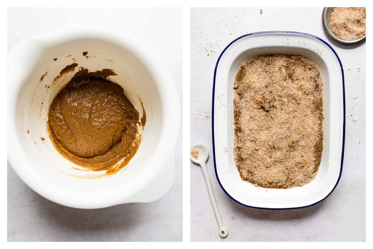 Gingerbread pudding cake batter in a bowl next to the batter in a pan topped with sugar and spice. 