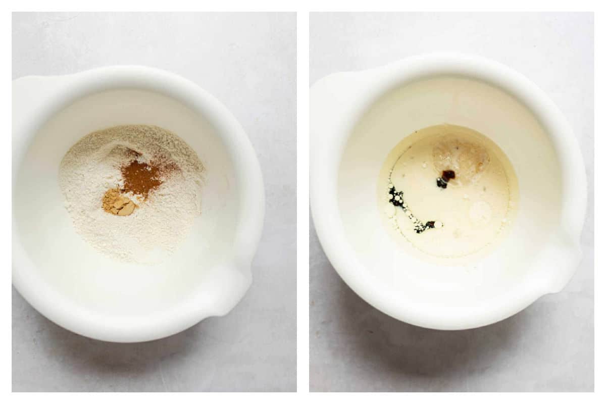 Dry ingredients in a bowl for gingerbread pudding cake next to wet ingredients on top. 