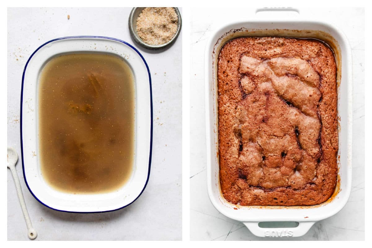 Liquid poured over gingerbread pudding cake batter next to the baked cake in a pan.