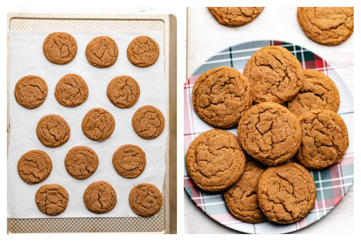 Baked molasses cookies on a baking sheet and on a platter. 