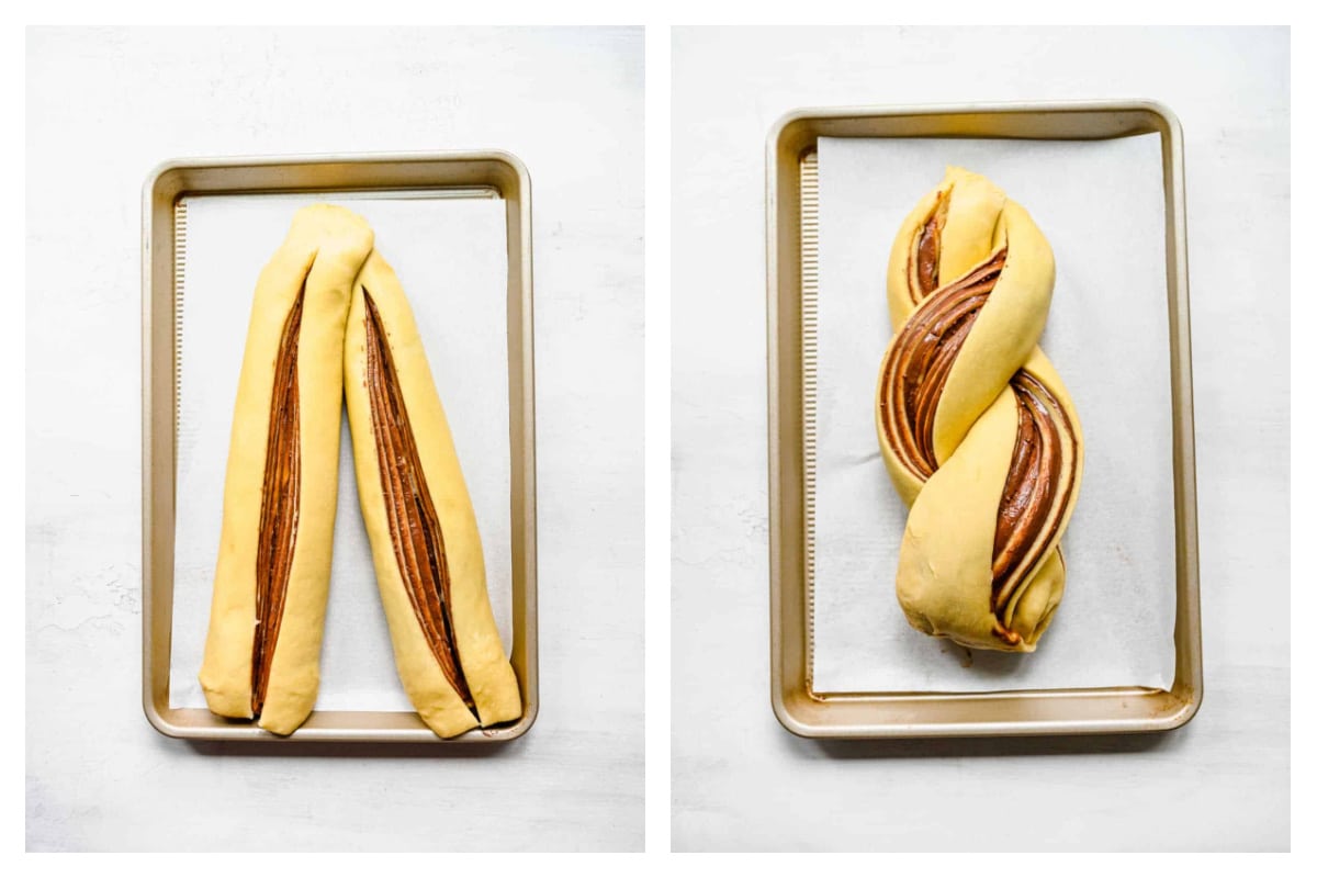 Two dough logs sliced down the middle and then wrapped around each other.