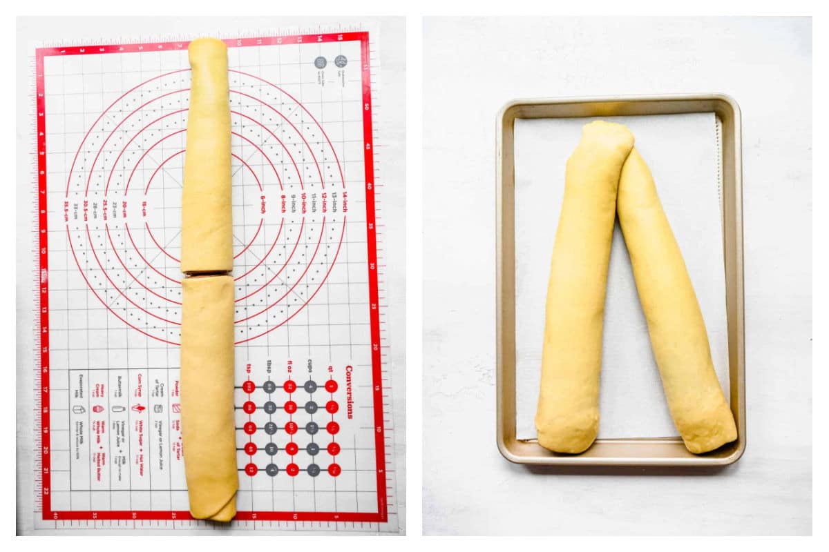 Dough sliced half next two dough logs next to each other.