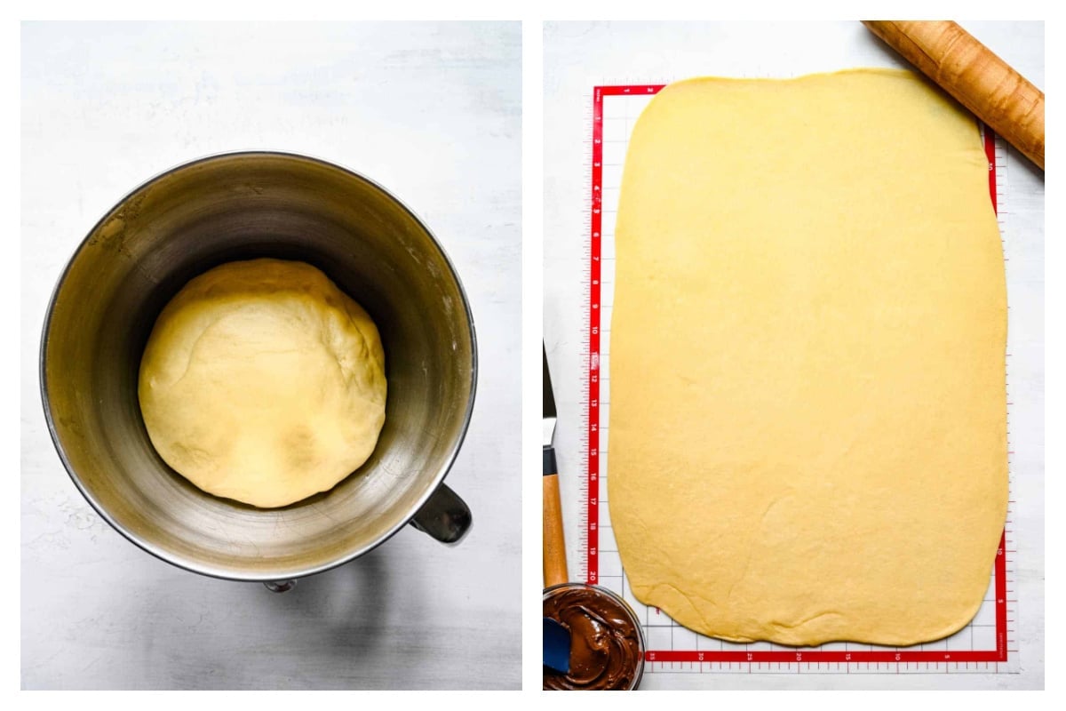 Nutella bread dough in a bowl next to the dough rolled out.