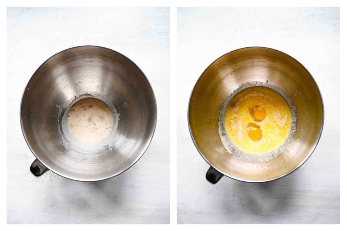 Yeast proofing in a mixing bowl next to eggs on the yeast mixture.