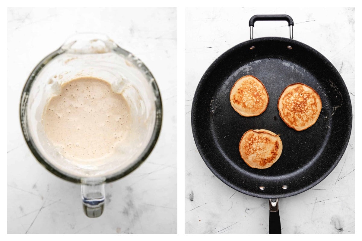 Oatmeal pancake batter in a blender next to oatmeal pancakes cooking in a skillet.