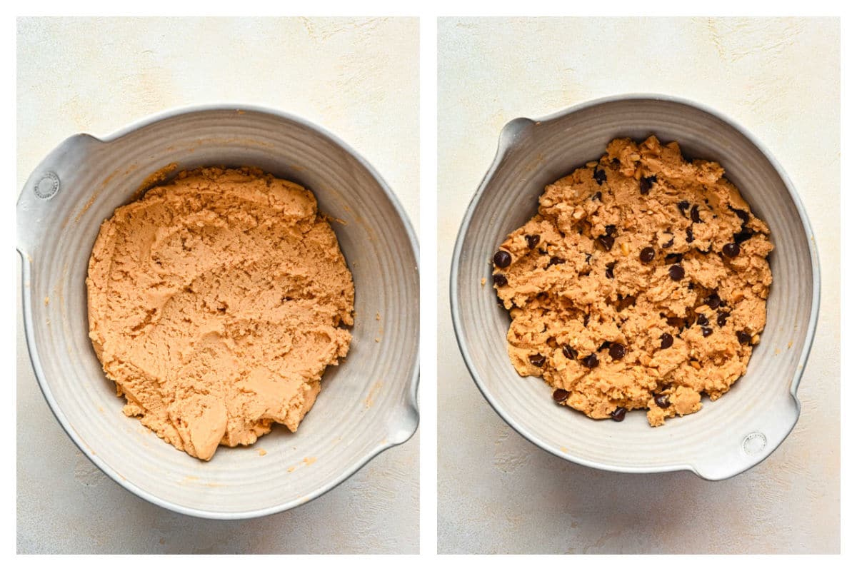 Dry ingredients mixed into wet ingredients next to chocolate chips stirred in for peanut butter chocolate chip cookies