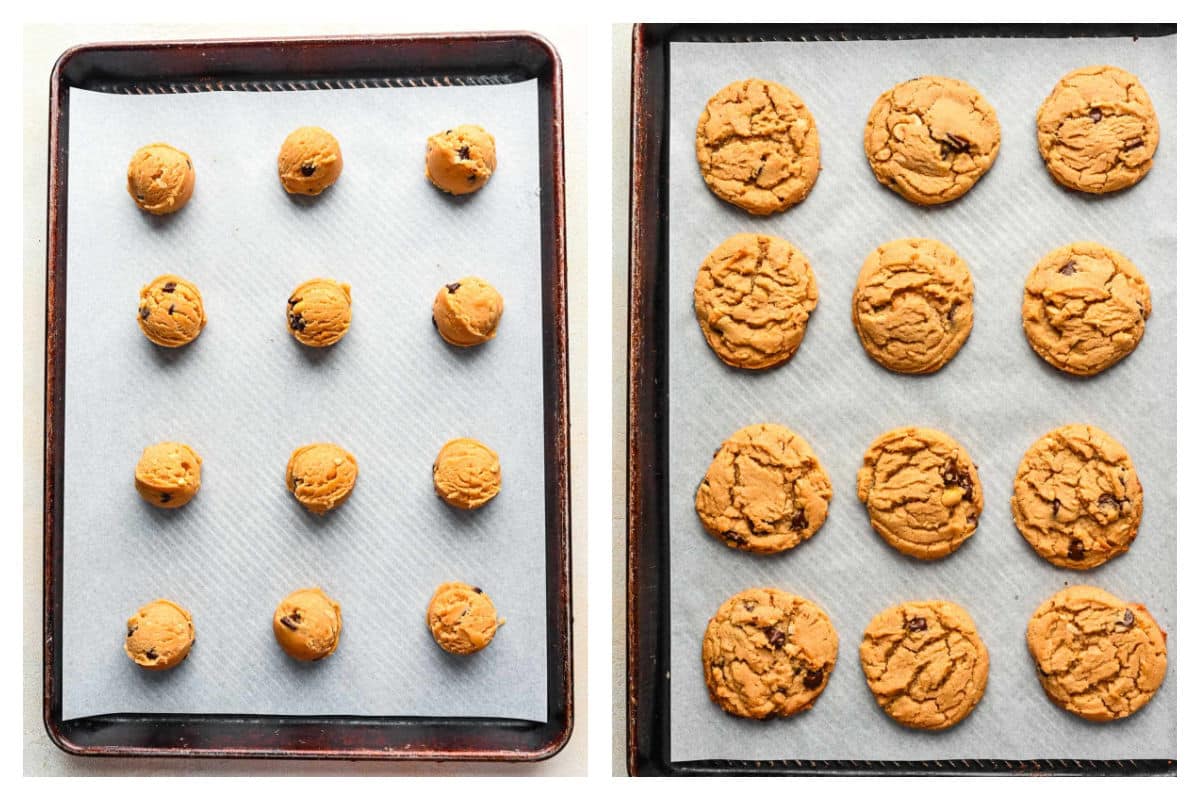 Balls of peanut butter chocolate chip cookie dough on a baking sheet next to the baked cookies.
