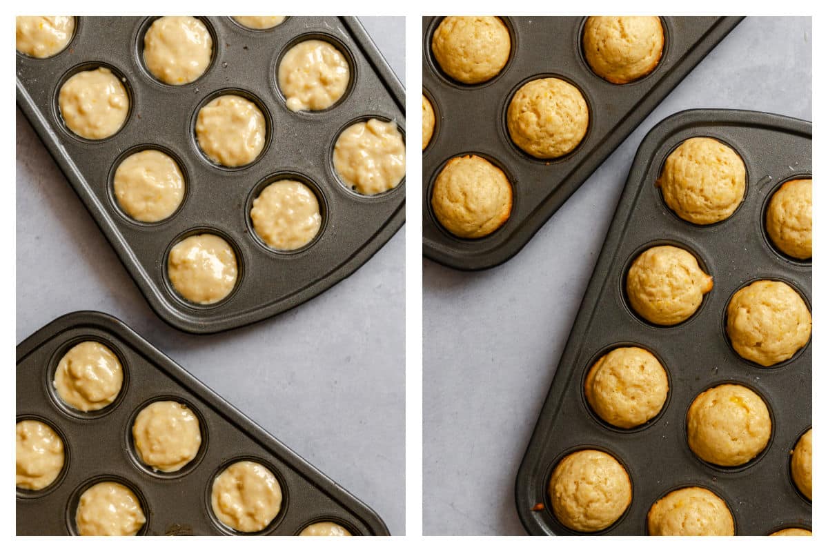 Sugar cookie donut hole batter in a muffin tin next to baked donut holes. 