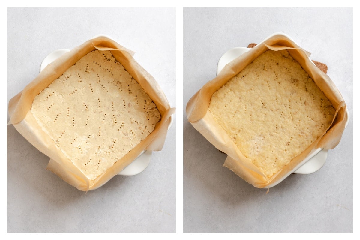 Pricked unbaked shortbread crust in a dish next to partially baked crust in a dish.