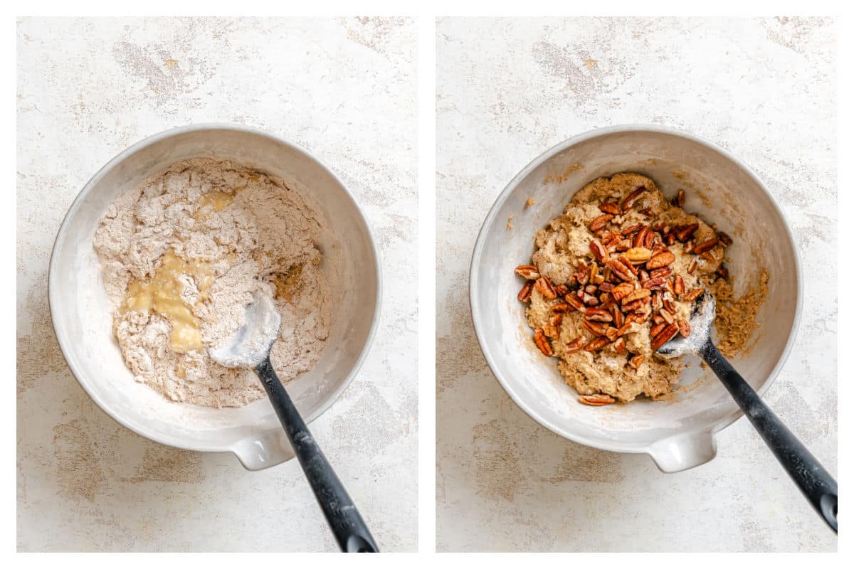 Dry ingredients on wet ingredients next to chopped pecans on top.