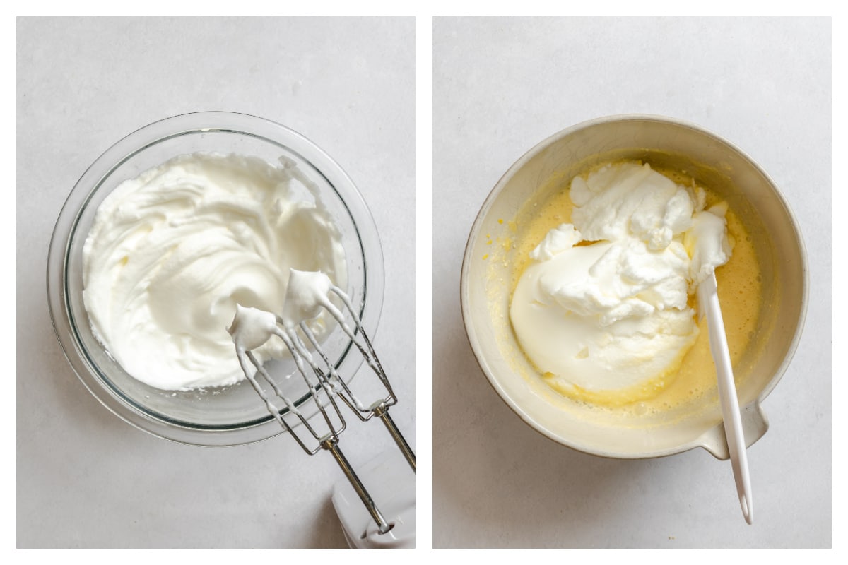 Beaten egg whites in a bowl next to beaten egg whites on lemon mixture in a bowl. 