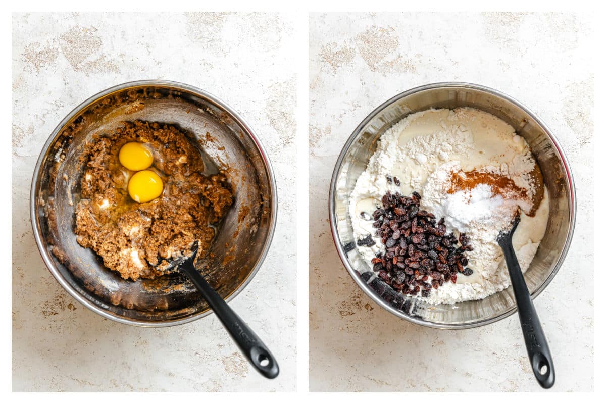 Eggs on top of bran mixture next to dry ingredients on top. 