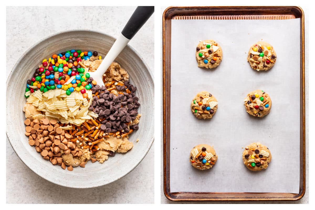 Mix ins on top of cookie dough next to 6 scoops of cookie dough on a baking sheet.