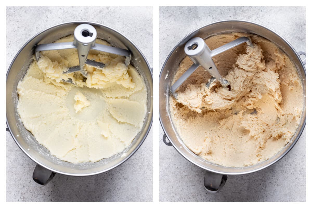 Creamed butter and sugar next to cinnamon roll cookie dough in a mixing bowl. 