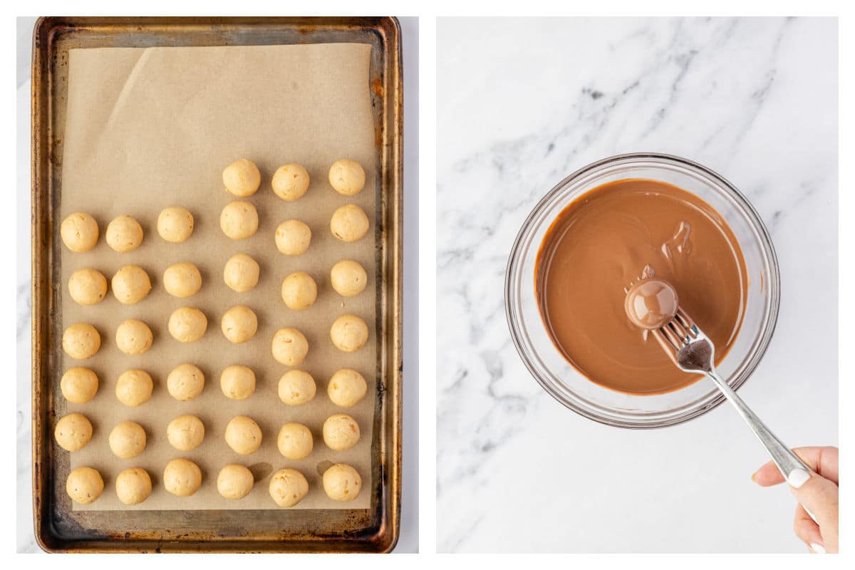 Peanut butter balls on a sheet pan next to a fork dipping a peanut butter ball in melted chocolate.