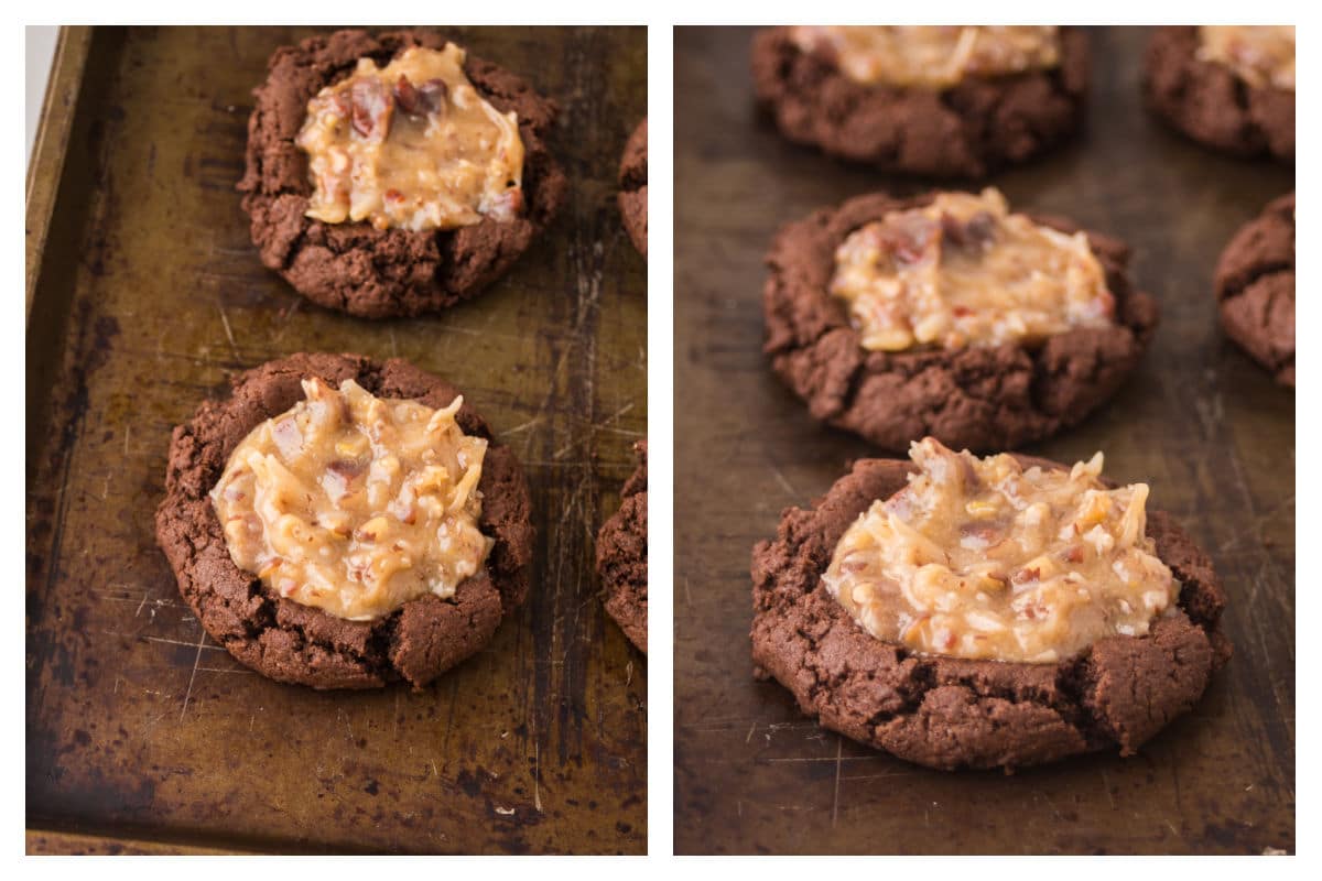 Filled German chocolate thumbprint cookies on a baking sheet.