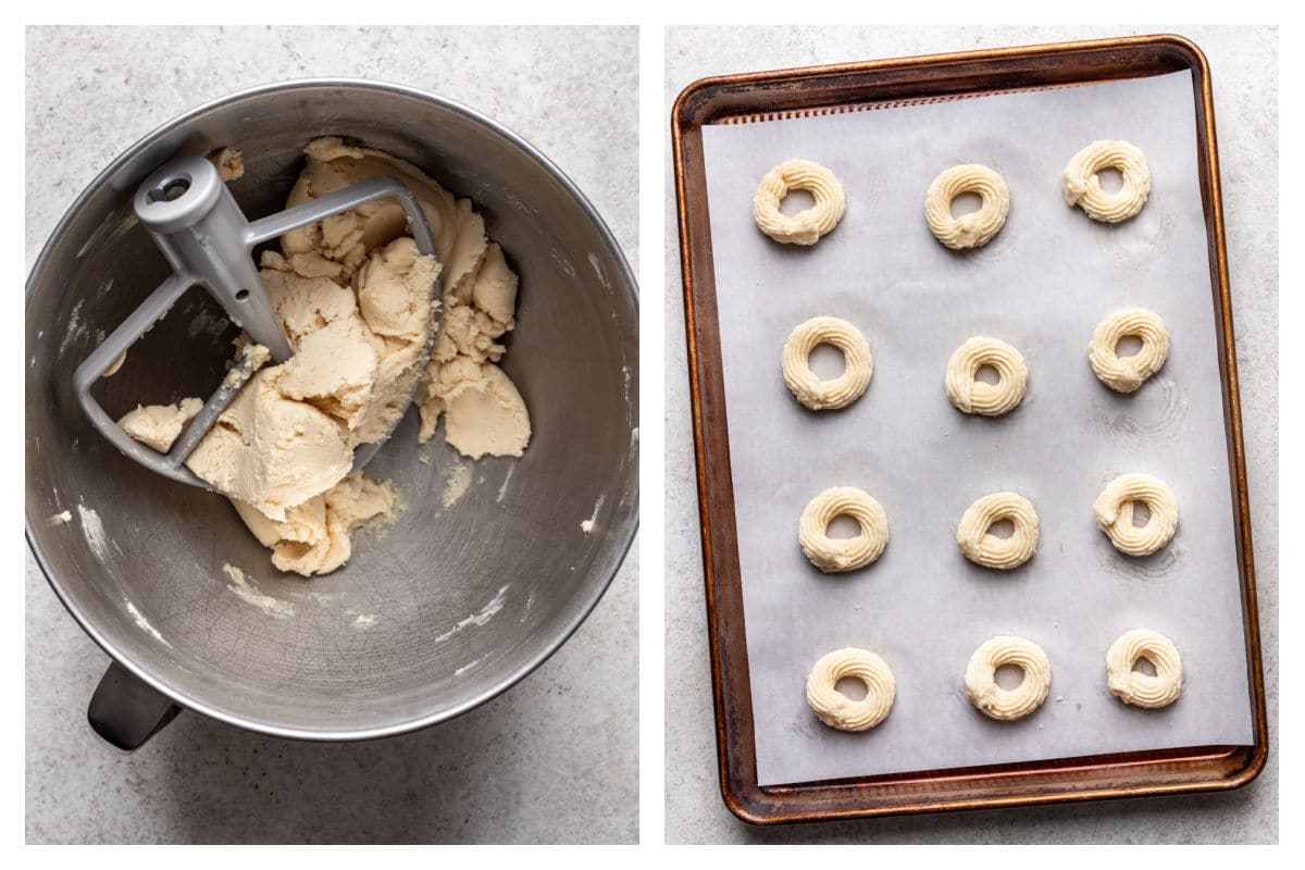 Danish butter cookie dough in a mixing bowl next to the piped cookie dough on a baking sheet.