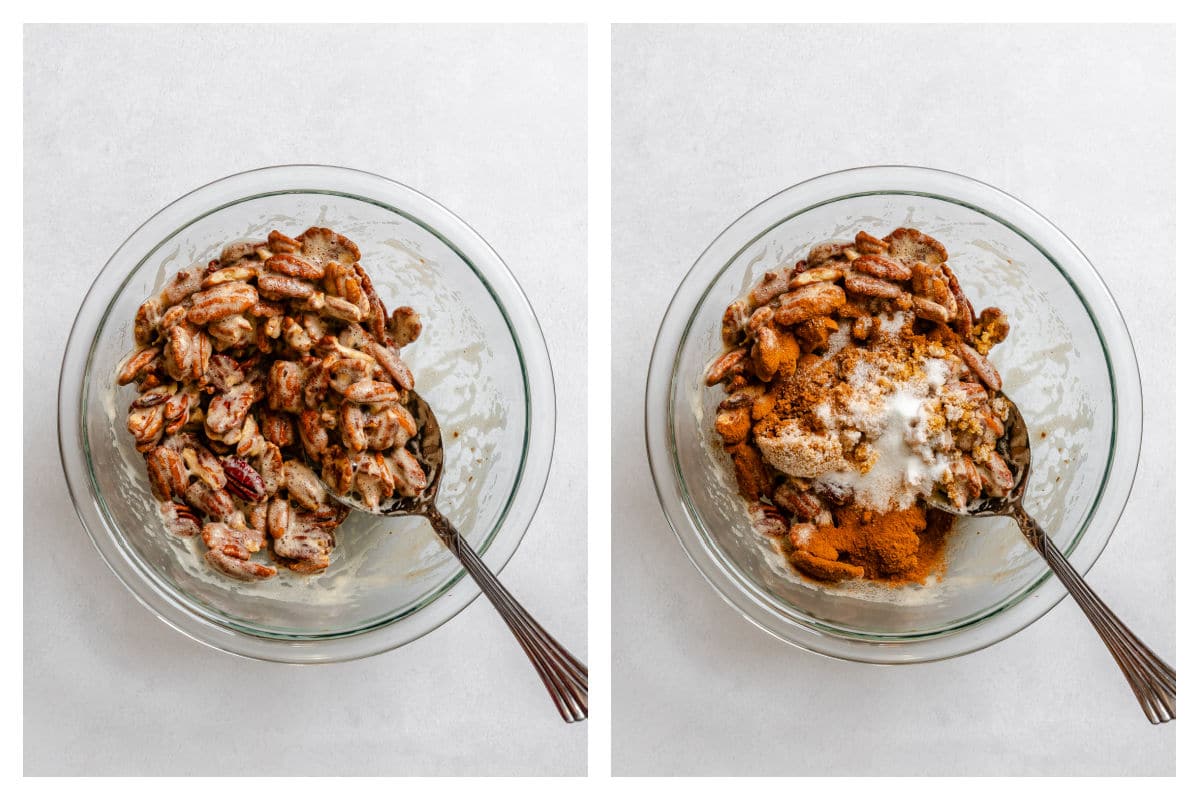 Pecans tossed in egg white mixture next to sugars and cinnamon on pecan mixture.