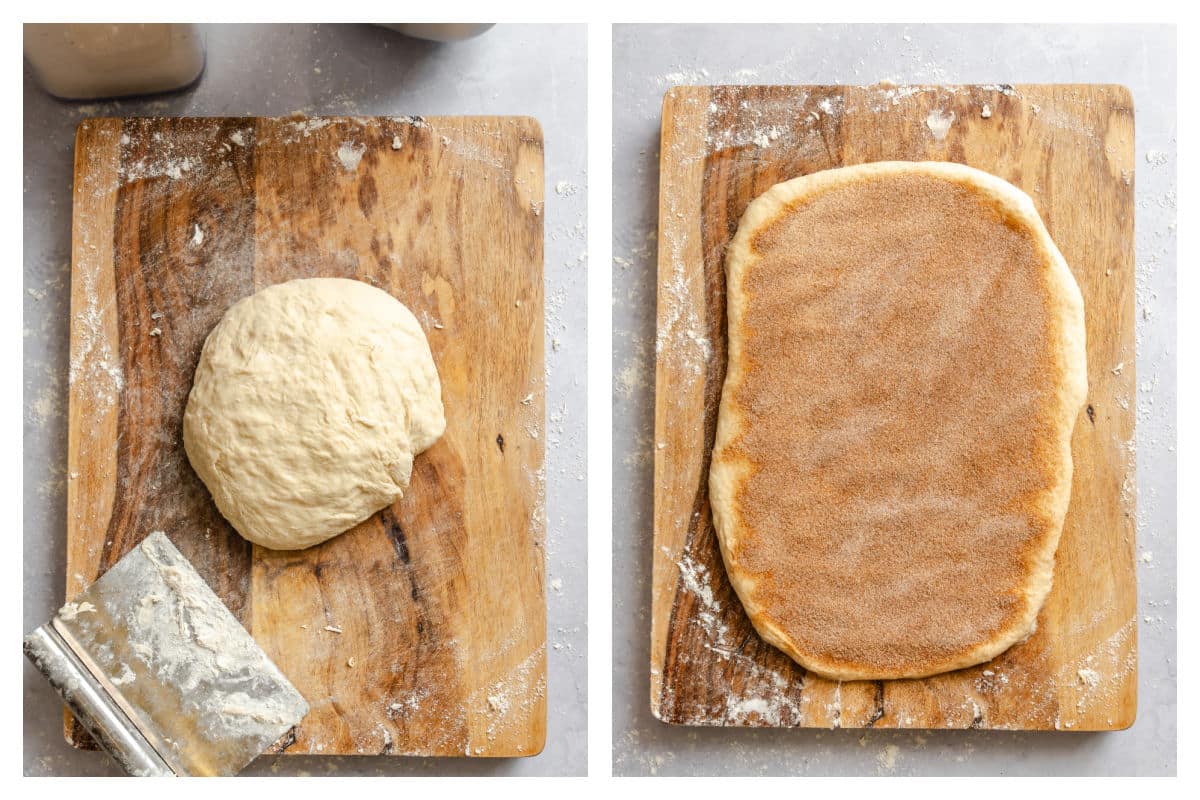 Cinnamon dough on on a wooden cutting board next to dough rolled out with cinnamon sugar on top. 