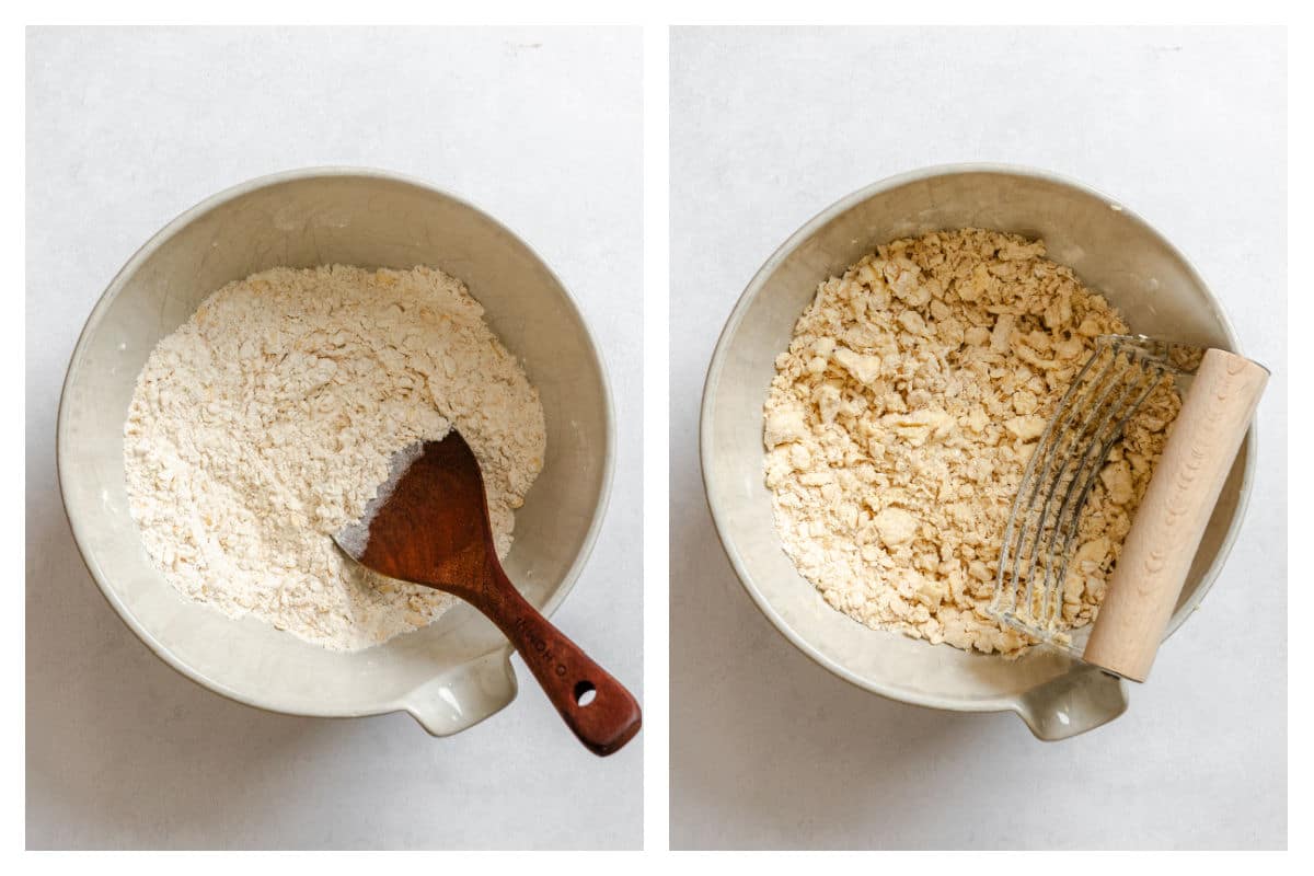 Dry ingredients for crumble topping in a bowl next to the butter cut in. 