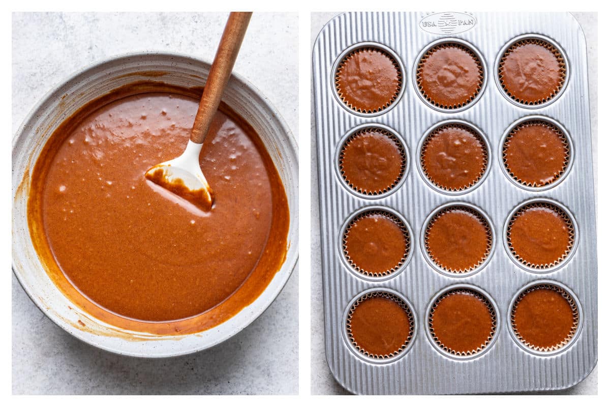 Water mixed into gingerbread batter next to batter in a muffin tin.