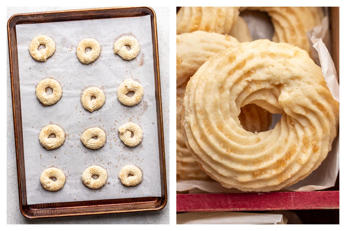 Raw sugar sprinkled over piped Danish butter cookie dough next to the baked cookie.