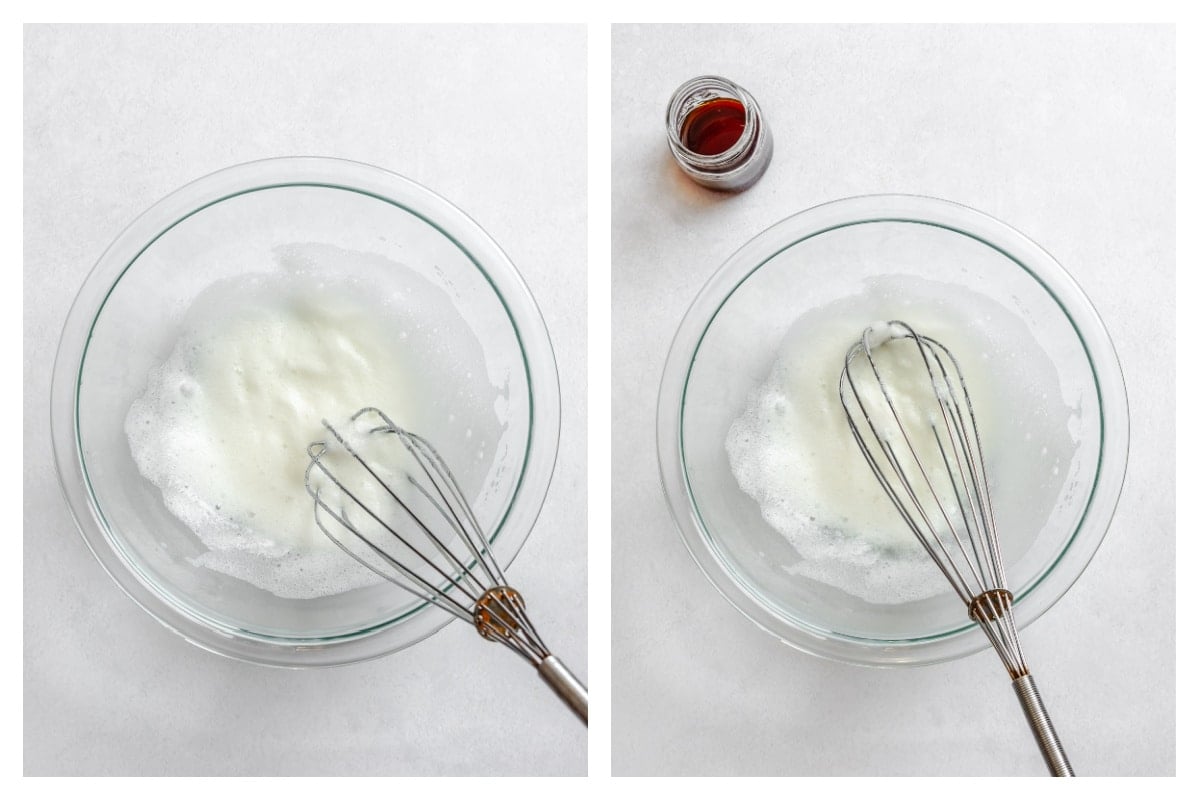 Beaten egg white in a dish next to vanilla with the egg white.