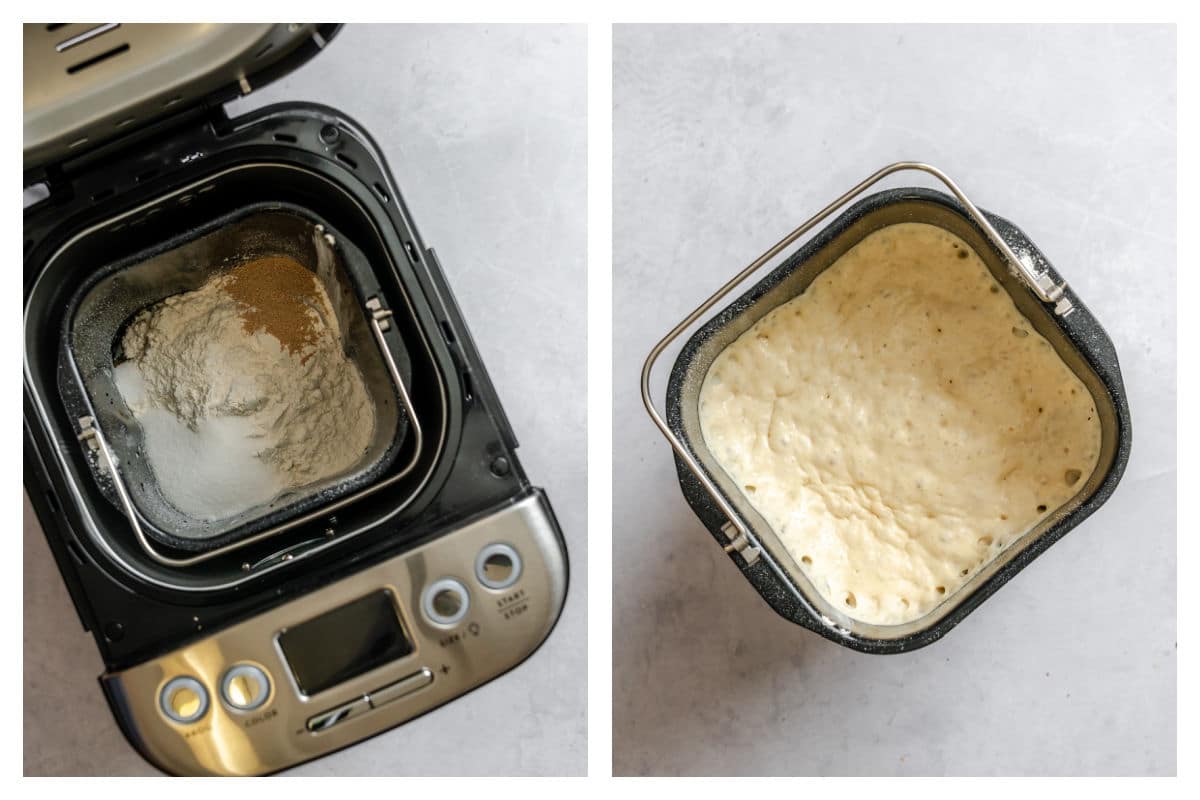 Cinnamon bread ingredients in a bread machine next to dough in a bread machine pan.