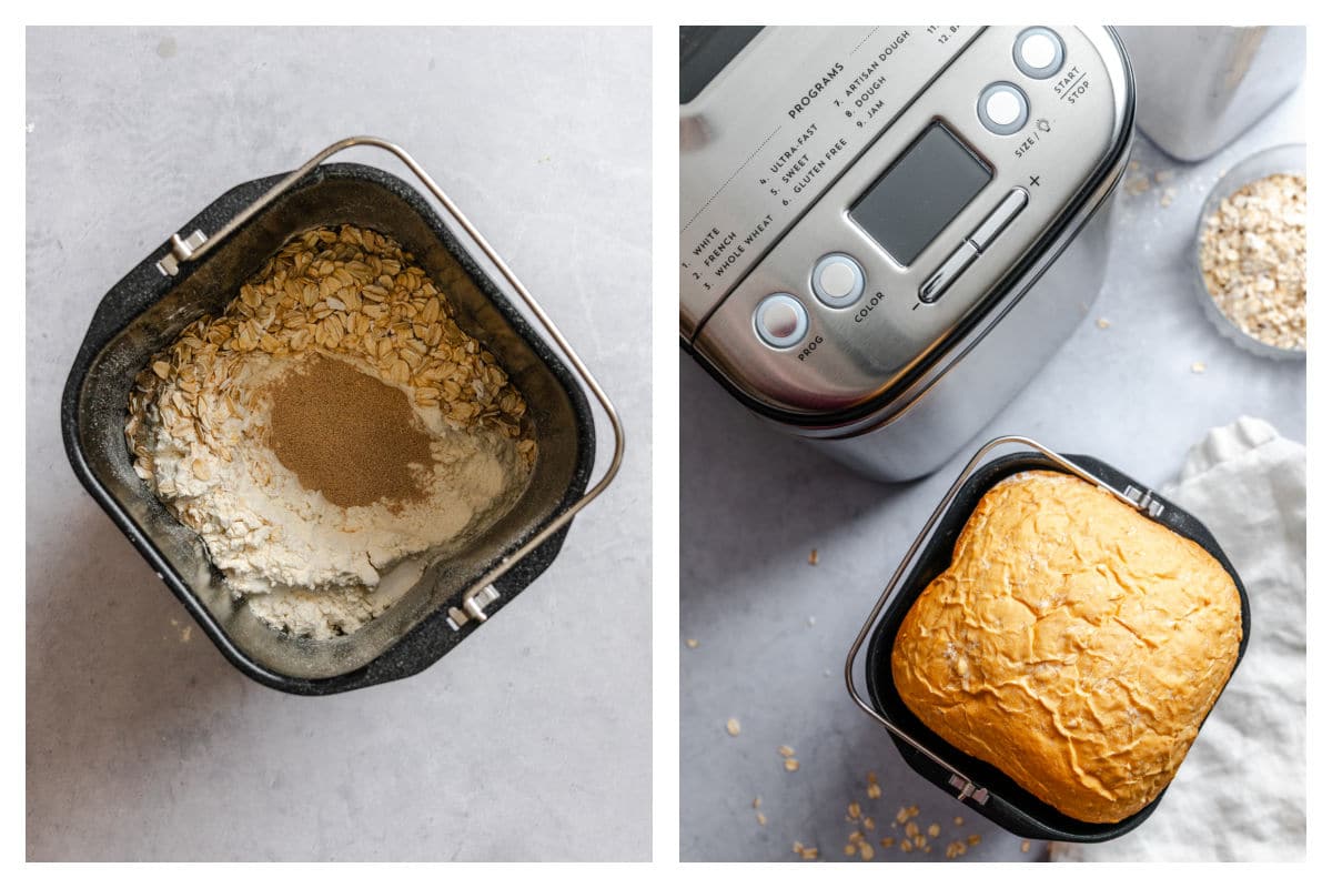 Ingredients for honey oat bread in a bread machine pan next to the baked loaf in a pan. 