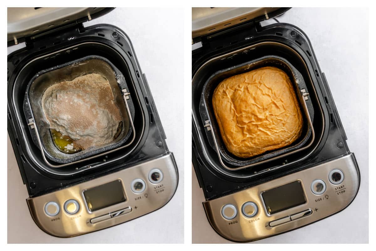 Ingredients for honey white bread in a bread machine next to a baked loaf of honey oat bread in the machine.