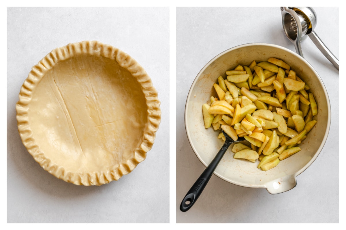 Pie crust in a pie pan next to apples tossed with spices, lemon juice, and sugar.