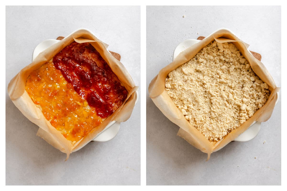 Two types of jam over crust in a dish next to crumb topping over the top.