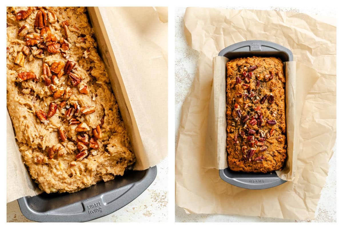 Banana bread batter in a pan topped with chopped pecans next to the baked loaf of whole wheat banana bread.