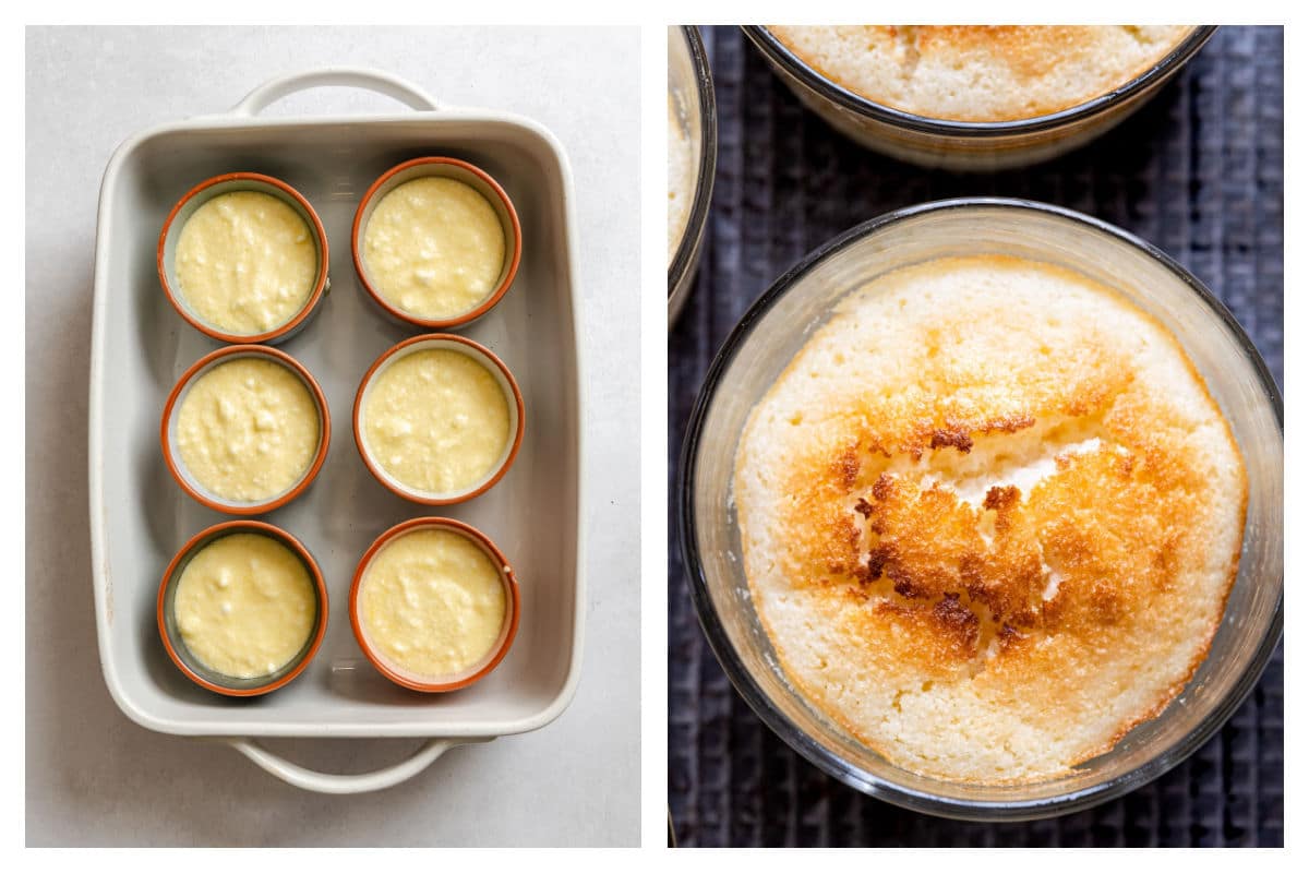 Lemon pudding cake batter in ramekins next to the baked cake.