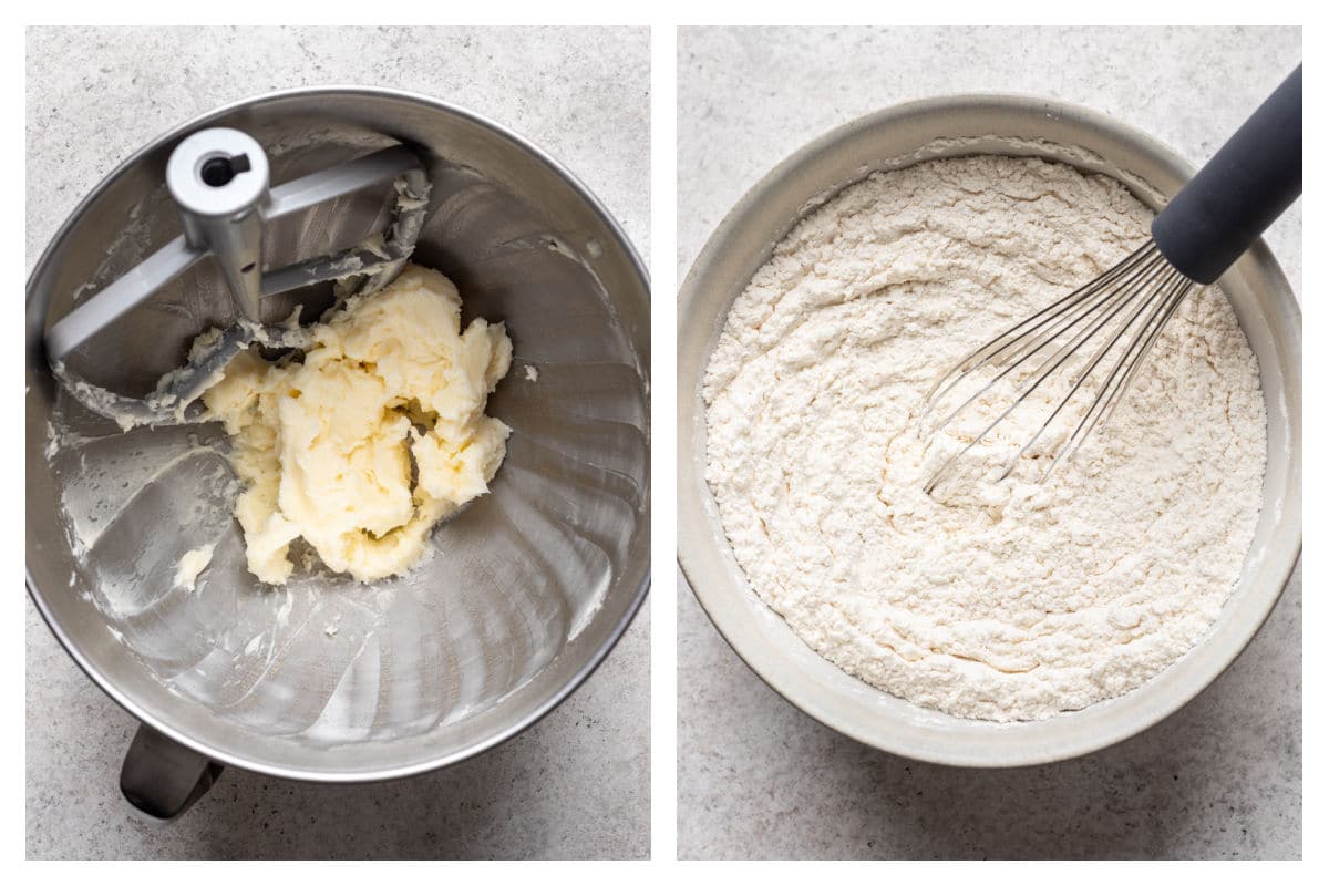 Beaten butter and powdered sugar in a mixing bowl next to dry ingredients whisked together.