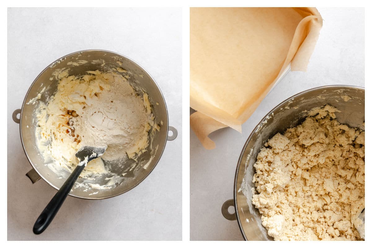 Beaten butter and sugar with dry ingredients on top next to shortbread crumble in a bowl.